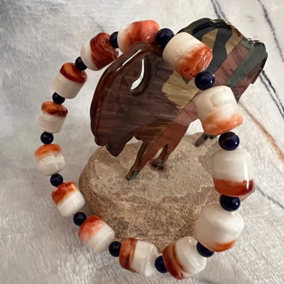 12mm Spiny Oyster & Lapis Lazuli Southwestern Stretchy Bracelet Size 5.75+ - Picture 7 of 11